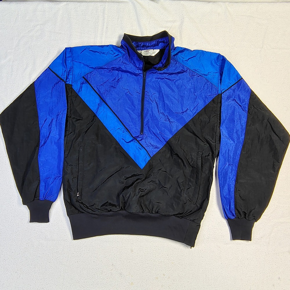 Vintage Sunbuster Mens Windbreaker M Blue Black Nylon Chevron Quarter Zip Jacket